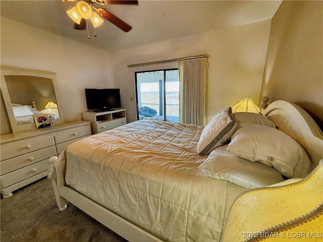 carpeted bedroom featuring a ceiling fan and access to exterior