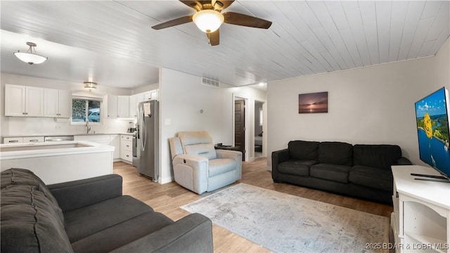 living room featuring visible vents, light wood-type flooring, and wood ceiling