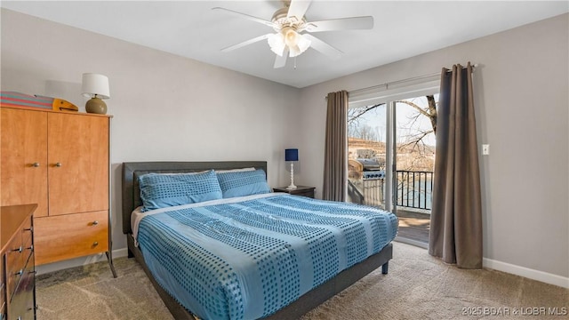 bedroom with baseboards, ceiling fan, carpet flooring, and access to outside