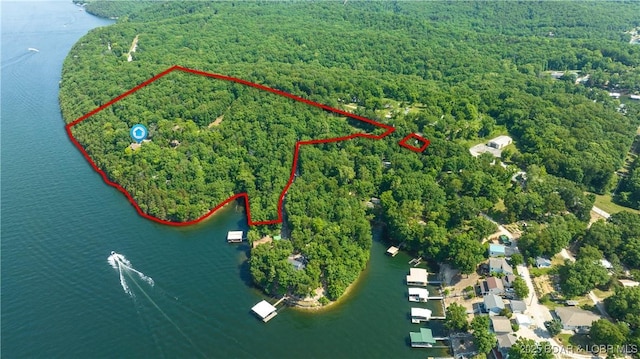 birds eye view of property with a water view and a forest view