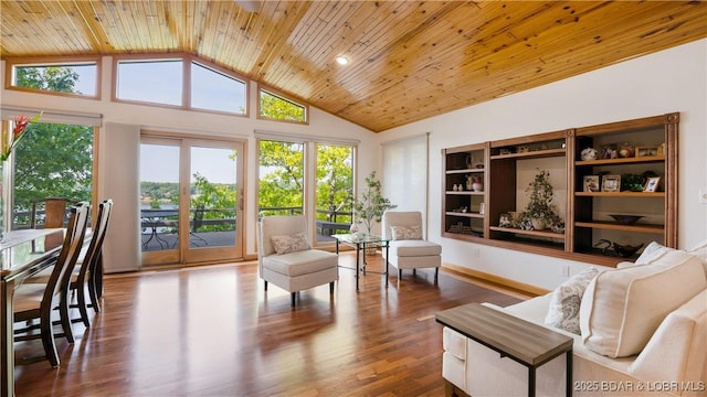 interior space featuring high vaulted ceiling, wood ceiling, and wood finished floors