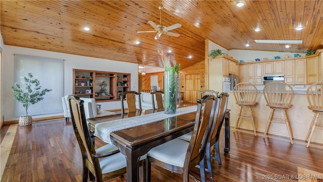 dining space featuring dark wood-type flooring, recessed lighting, wood ceiling, and lofted ceiling with skylight