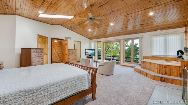 carpeted bedroom with wooden ceiling, a ceiling fan, visible vents, vaulted ceiling, and access to exterior