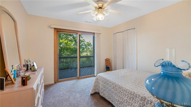 carpeted bedroom featuring a closet, a ceiling fan, and access to exterior