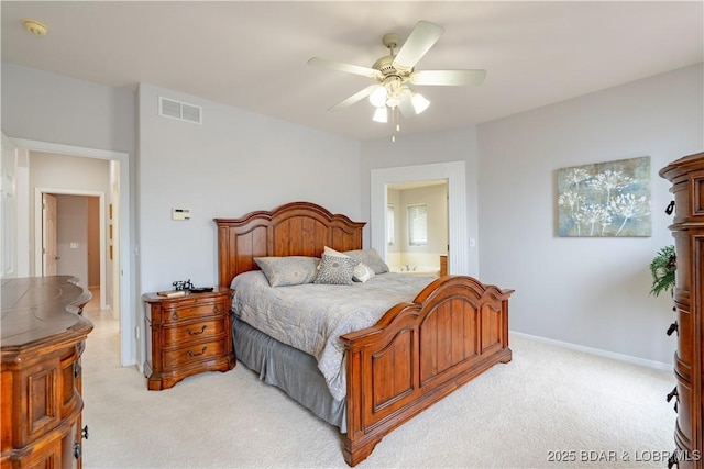 bedroom featuring baseboards, a ceiling fan, visible vents, and light colored carpet