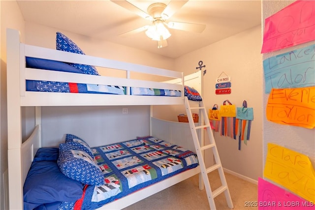 bedroom featuring carpet flooring, ceiling fan, and baseboards