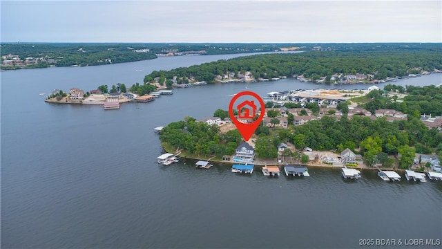 birds eye view of property with a water view and a wooded view