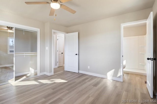 unfurnished bedroom featuring a ceiling fan, light wood-style floors, baseboards, and a closet