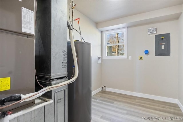 utility room with electric panel, heating unit, and water heater