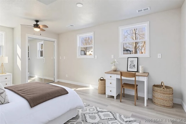 bedroom with visible vents, baseboards, and light wood-style floors