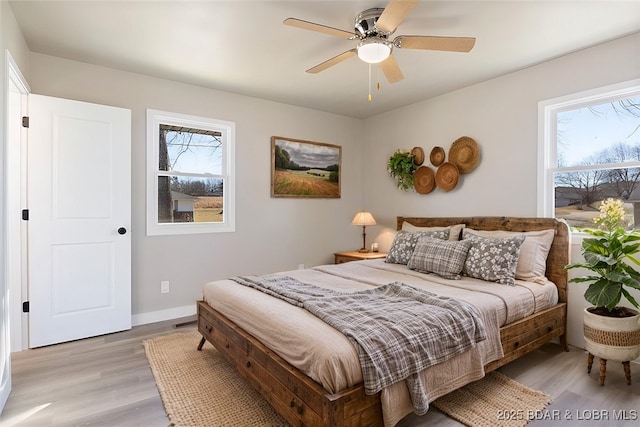 bedroom featuring multiple windows, light wood-style flooring, baseboards, and ceiling fan