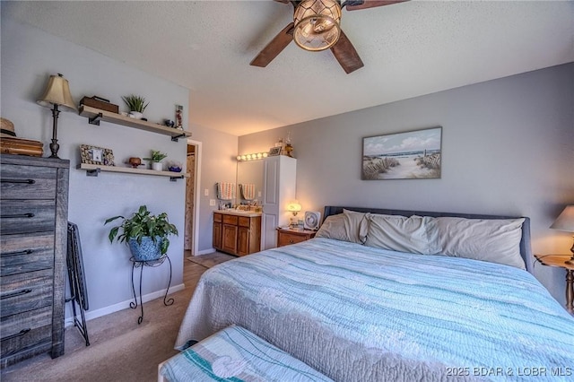 bedroom with baseboards, a ceiling fan, a textured ceiling, and light colored carpet