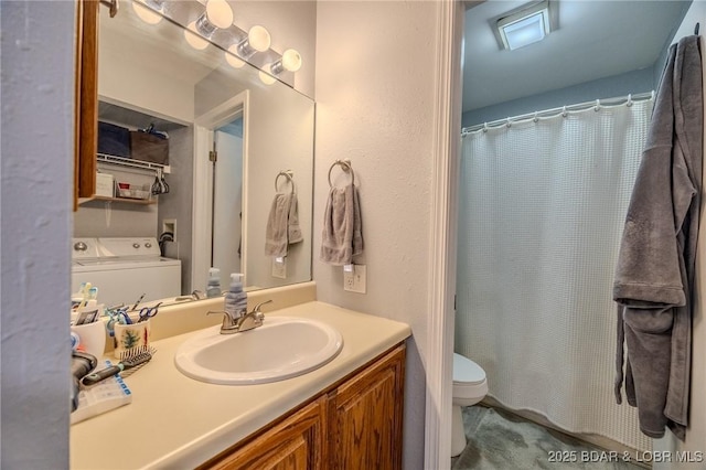 bathroom featuring a bathtub, a shower with shower curtain, vanity, and toilet