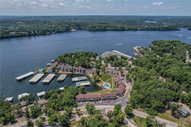 birds eye view of property with a water view and a wooded view