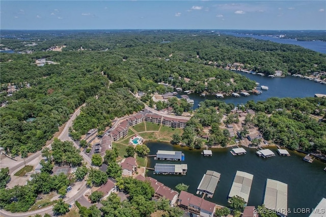 birds eye view of property featuring a water view and a view of trees