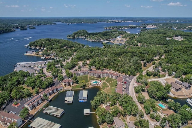 drone / aerial view featuring a water view