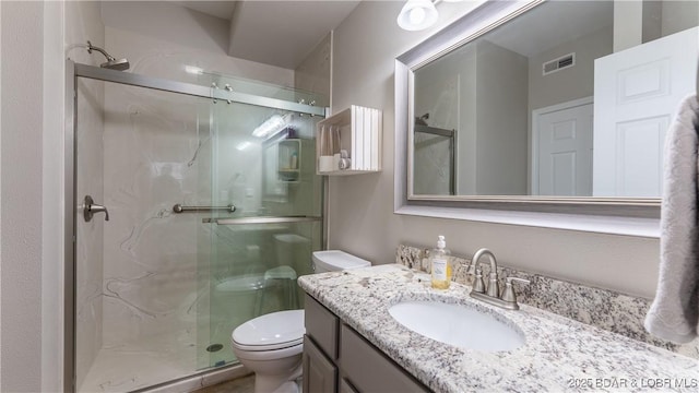 full bath with toilet, a stall shower, visible vents, and vanity