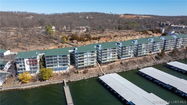 aerial view featuring a water view