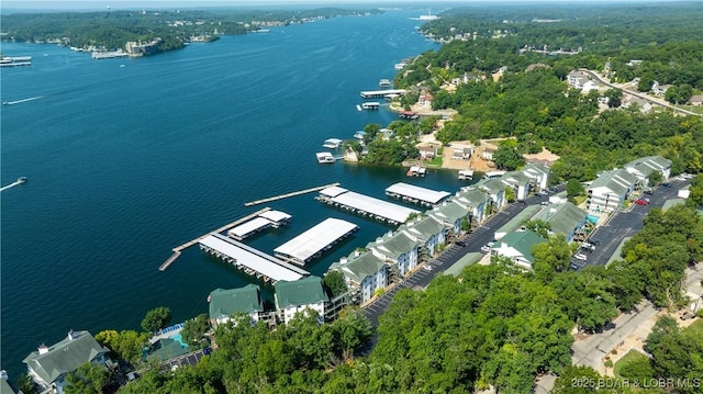 birds eye view of property with a water view