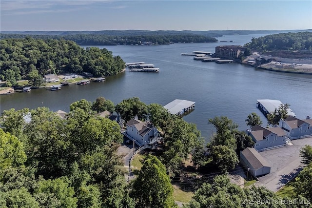 drone / aerial view with a water view