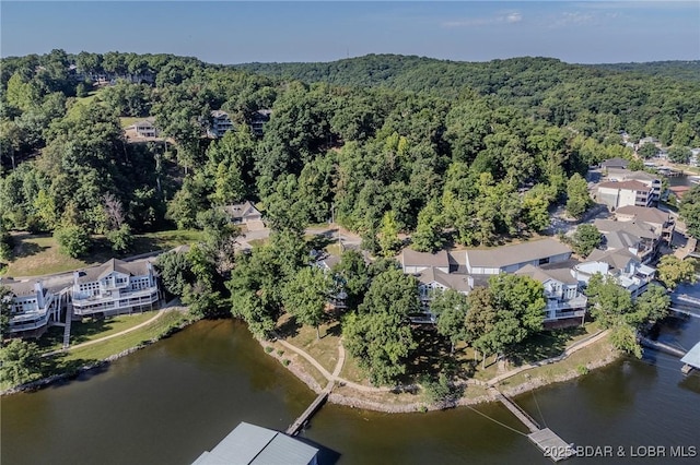 aerial view with a water view and a wooded view