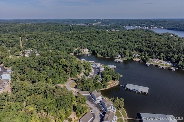 drone / aerial view with a water view and a wooded view