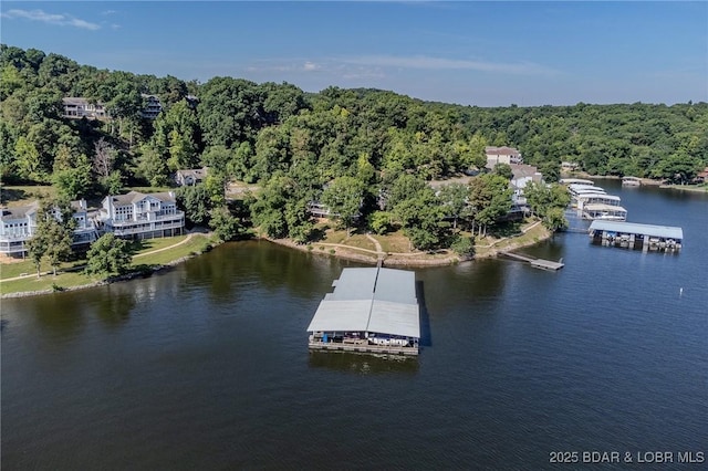 drone / aerial view featuring a water view and a wooded view