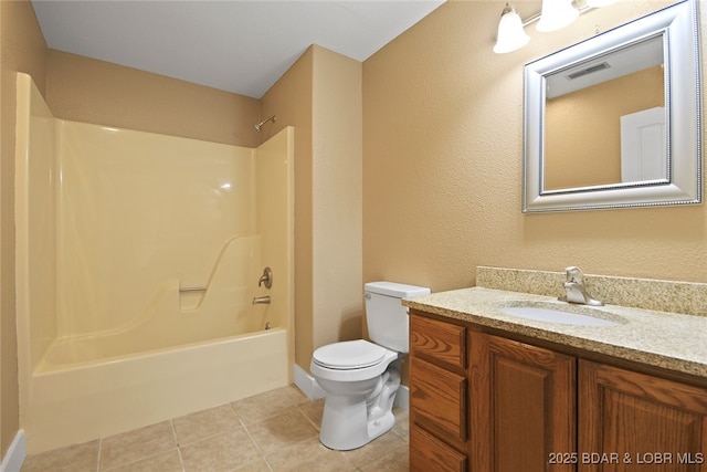 full bathroom with toilet, vanity, visible vents, shower / bathing tub combination, and tile patterned floors