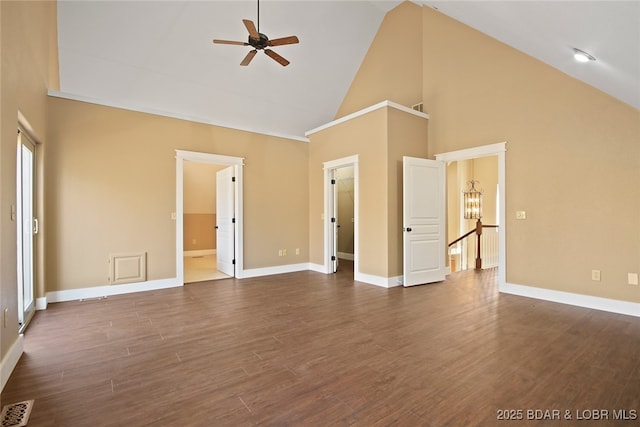 unfurnished living room with high vaulted ceiling, ceiling fan, visible vents, and dark wood-style flooring