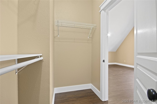 spacious closet featuring dark wood-style floors and vaulted ceiling