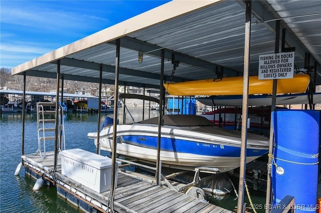 view of dock with a water view and boat lift