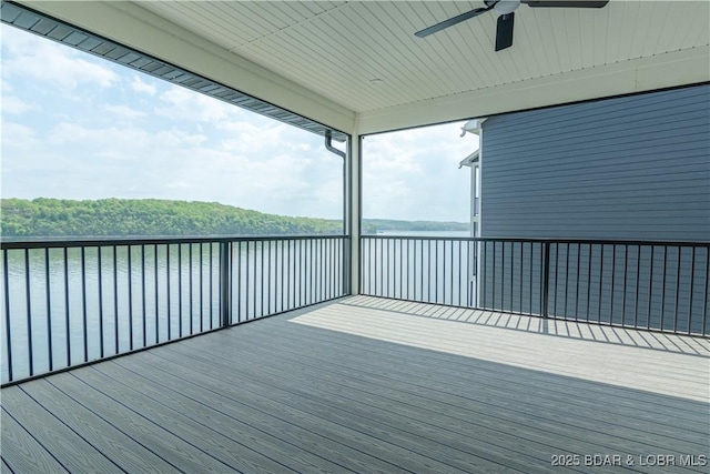 deck with a water view and ceiling fan