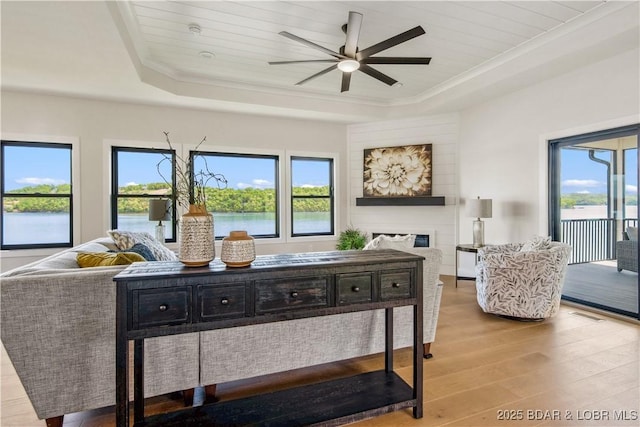 325 Mission Bay Dr, Camdenton, MO 65020 - living room featuring a ceiling fan, a raised ceiling, hardwood / wood-style floors, and a wealth of natural light