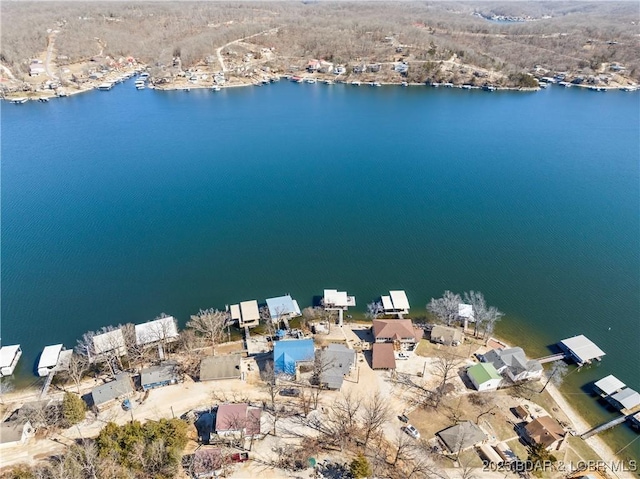 aerial view featuring a water view