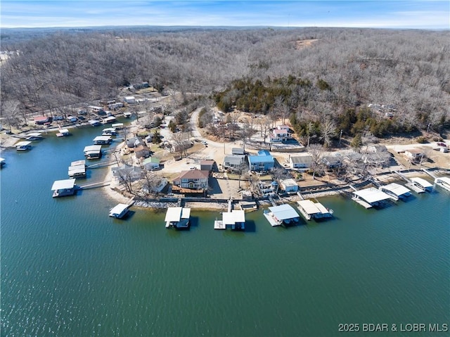 aerial view with a forest view and a water view