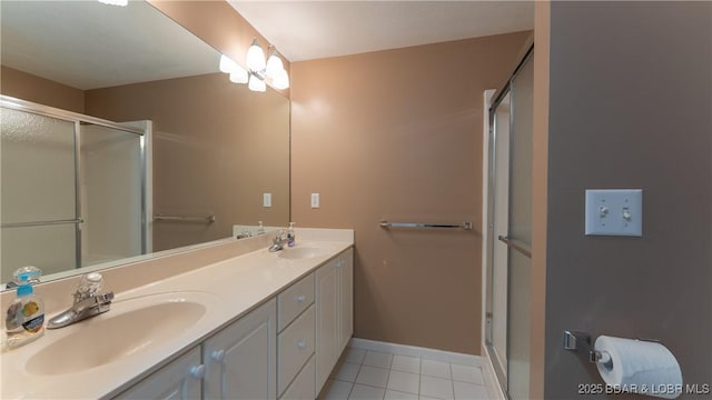 full bath with a stall shower, tile patterned flooring, a sink, and double vanity