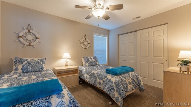 bedroom featuring carpet floors, ceiling fan, visible vents, and a closet