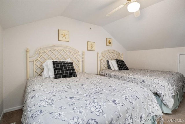 bedroom featuring a ceiling fan, carpet, lofted ceiling, and baseboards