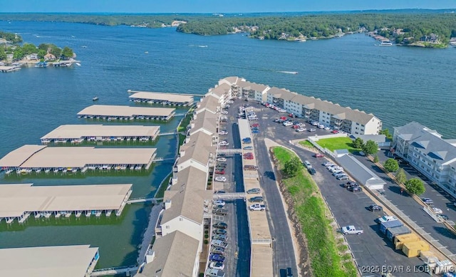 bird's eye view with a water view