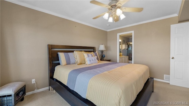 bedroom featuring baseboards, visible vents, crown molding, and light colored carpet