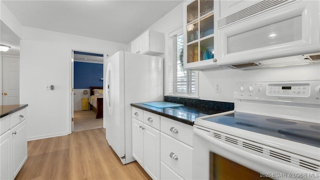 kitchen with glass insert cabinets, white appliances, light wood-type flooring, and white cabinetry