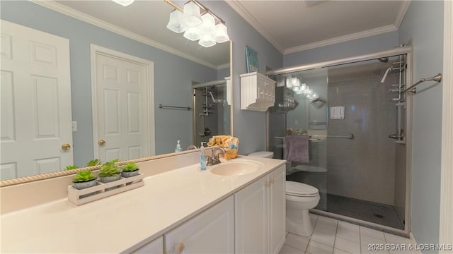 full bath with toilet, ornamental molding, tile patterned floors, vanity, and a shower stall