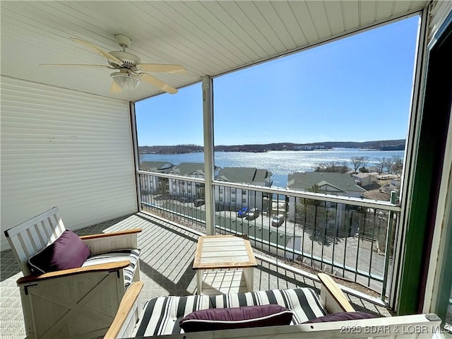 balcony featuring ceiling fan and a water view