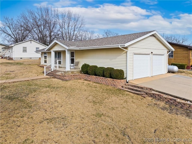 ranch-style house with a porch, a front yard, roof with shingles, and a garage