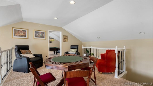 game room featuring lofted ceiling, carpet, and recessed lighting