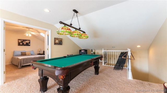 rec room with lofted ceiling, carpet, billiards, and recessed lighting