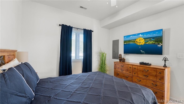 bedroom with electric panel and visible vents