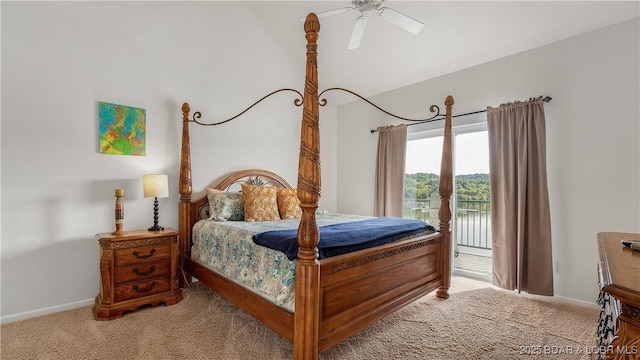 bedroom featuring a ceiling fan, access to outside, and light carpet