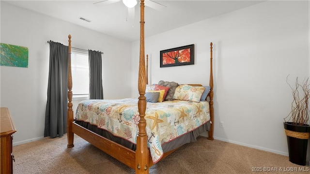 bedroom featuring a ceiling fan, carpet, visible vents, and baseboards