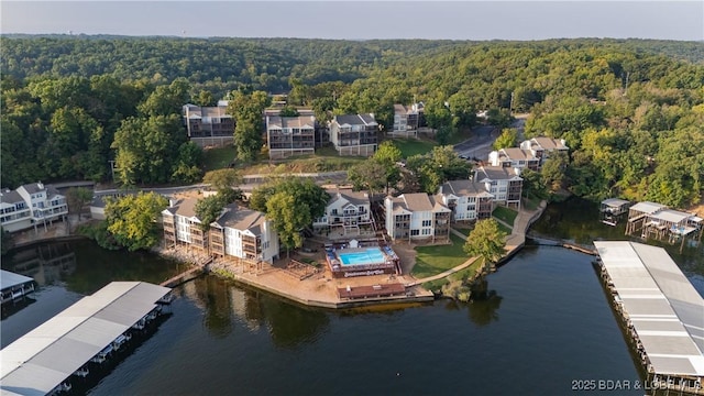 aerial view featuring a water view and a view of trees